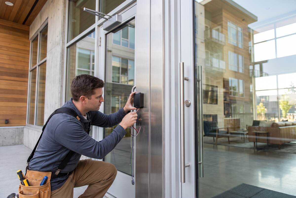 Technician wiring a card reader at an amenity building entrance