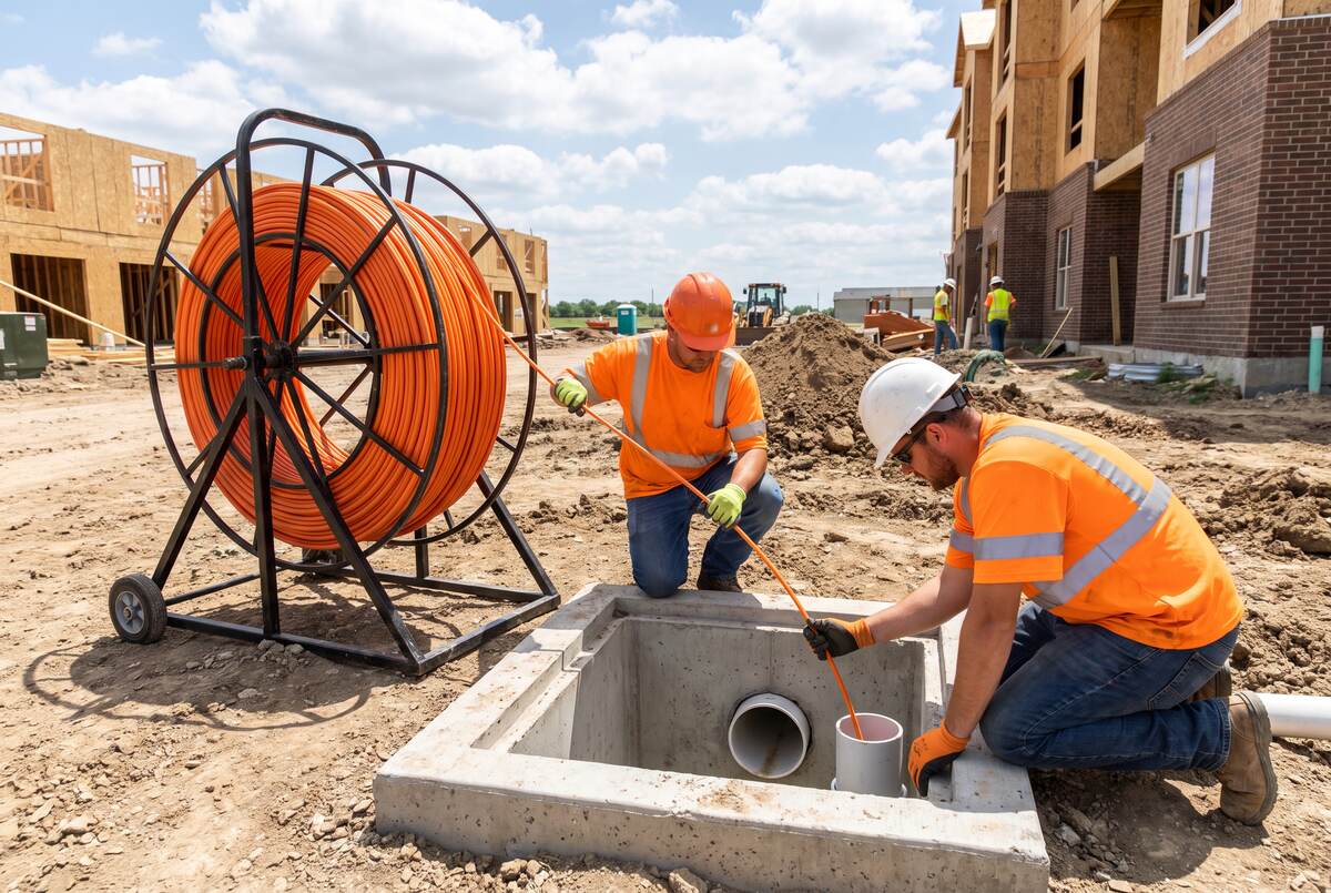 Crew pulling fiber from a reel into a handhole on a multifamily site