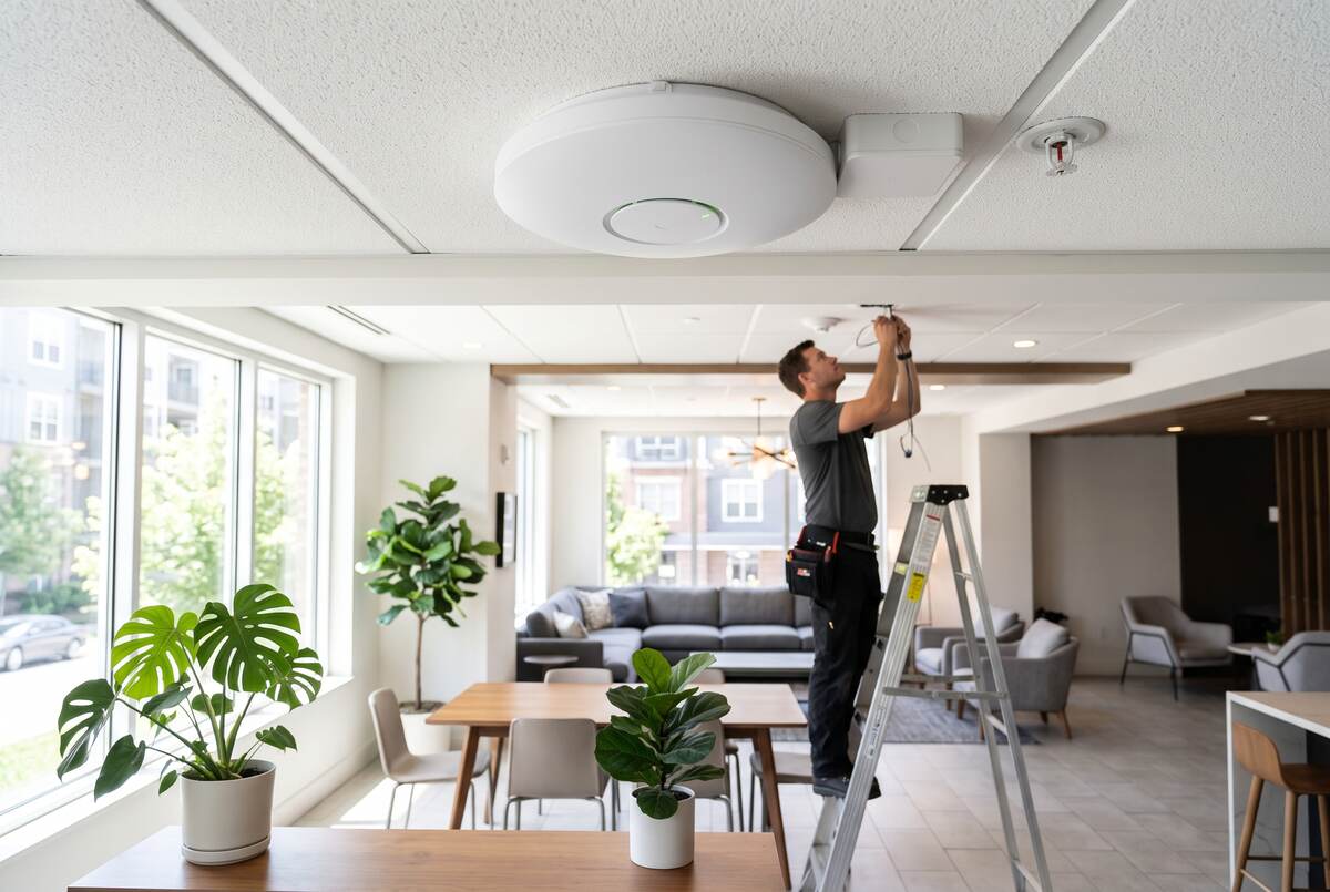 Ceiling-mounted wireless access point in a clubhouse lounge
